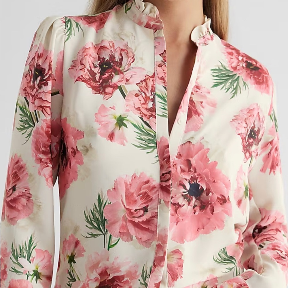 Express Floral Ruffle Neck Relaxed Portofino Shirt